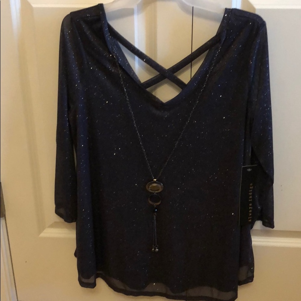 NWT M blouse by Always Indigo dk grey sparkles
